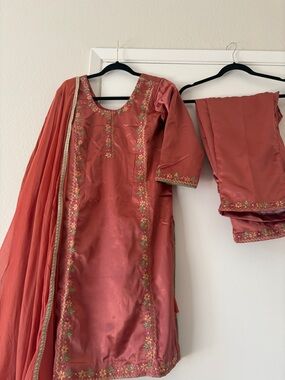 NewEmbroidered Coral Salwar Kameez Set with Dupatta mother daughter Indian suits